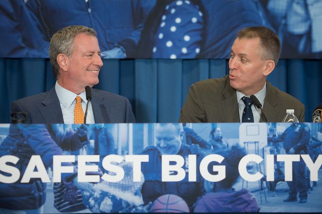 Mayor Bill de Blasio and NYPD Commissioner Dermot Shea at a press conference in December.